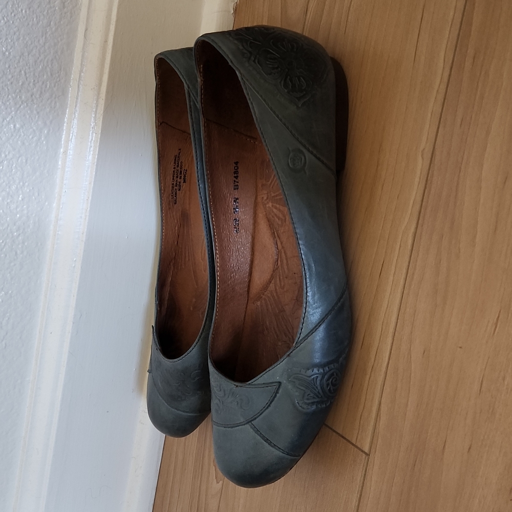 Green handmade leather flats Born size 8 39 floral ballet shoes